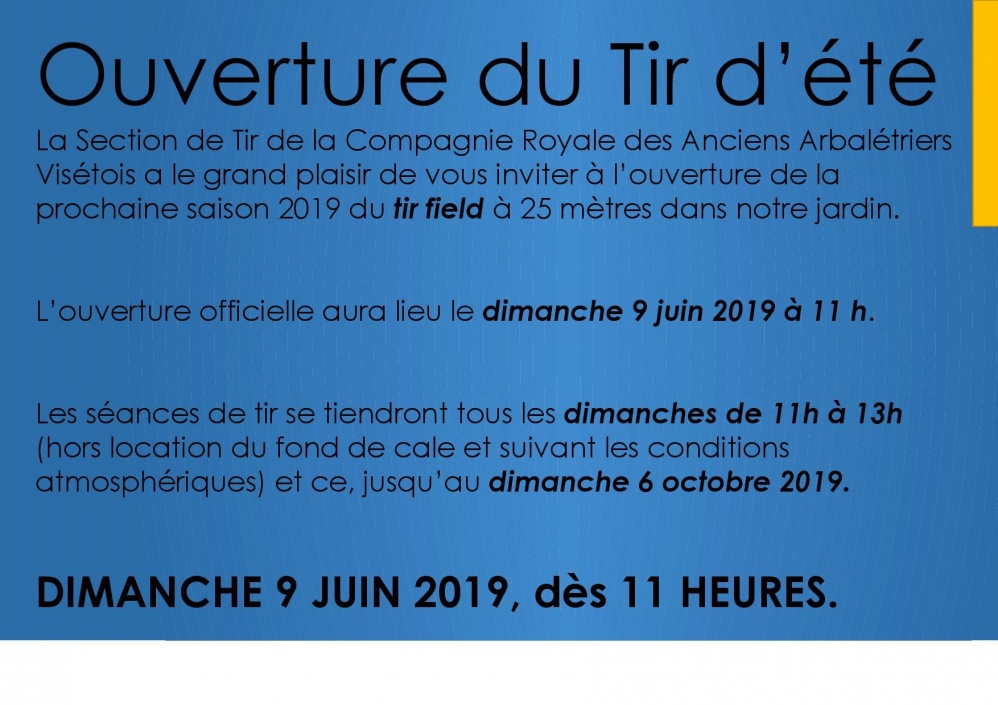 Ouverture Tir d’été 2019 🗓 🗺